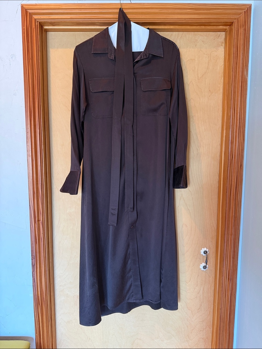 Madewell Brown Tie-Neck Long Sleeve Shirt Dress